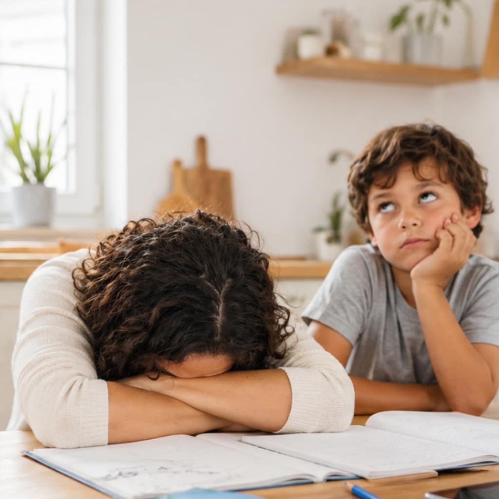 Erschöpfte Mutter legt den Kopf auf die Arme am Küchentisch, daneben sitzt ihr Kind gelangweilt vor offenen Schulheften – Hausaufgaben mit neurodivergenten Kindern