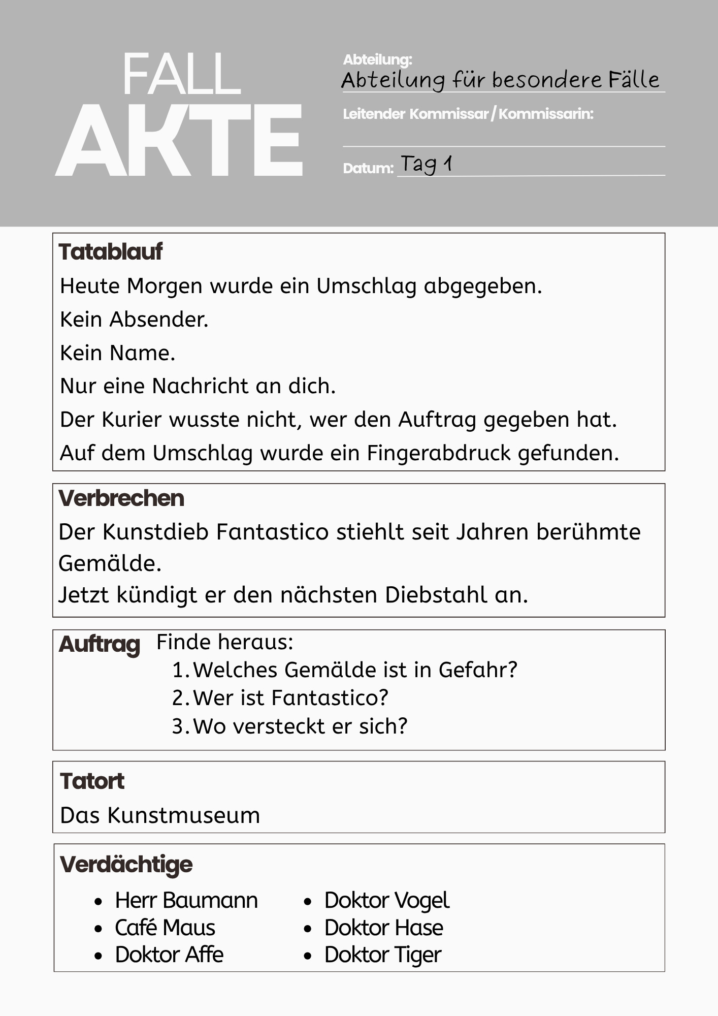 Fallakte aus dem LRS-Detektivspiel „Der Fall Fantastico“ mit Tatablauf, Auftrag und Verdächtigen