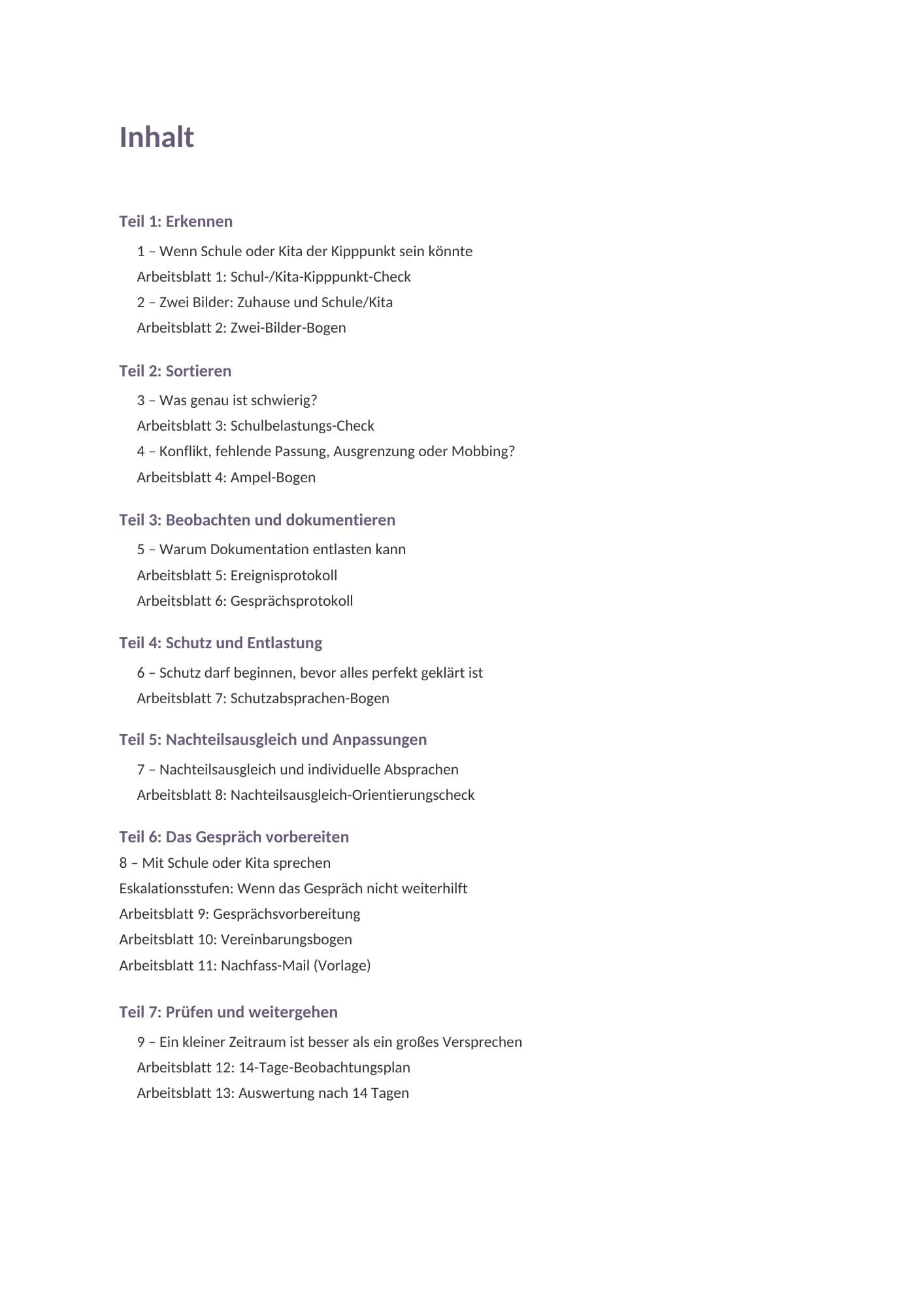 Inhaltsverzeichnis der Schul- und Kita-Mappe mit Arbeitsblättern zu Kipppunkt, Schulbelastung, Schutzabsprachen und Gesprächsvorbereitung