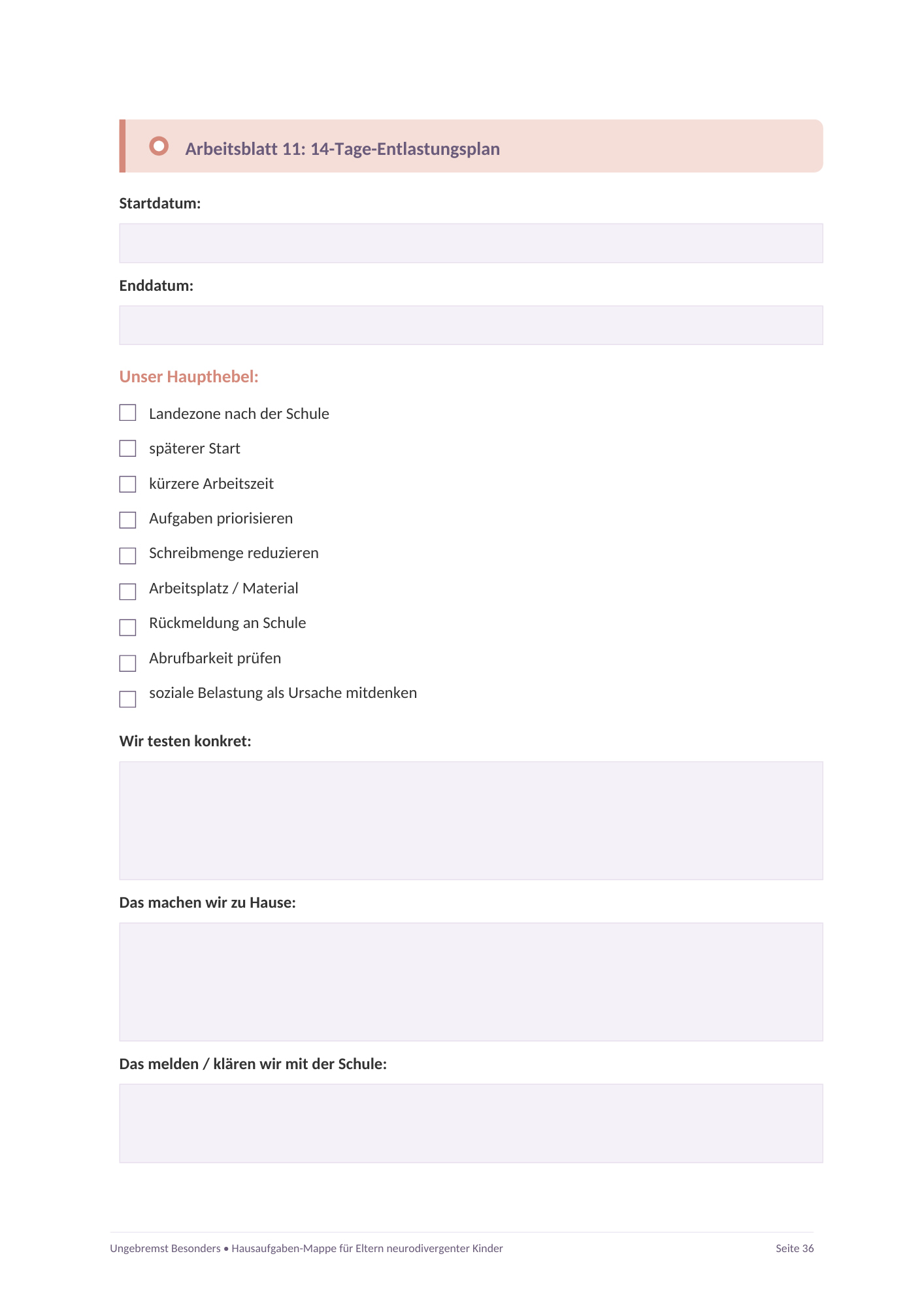 Arbeitsblatt 14-Tage-Entlastungsplan aus der Hausaufgaben-Mappe für Eltern neurodivergenter Kinder