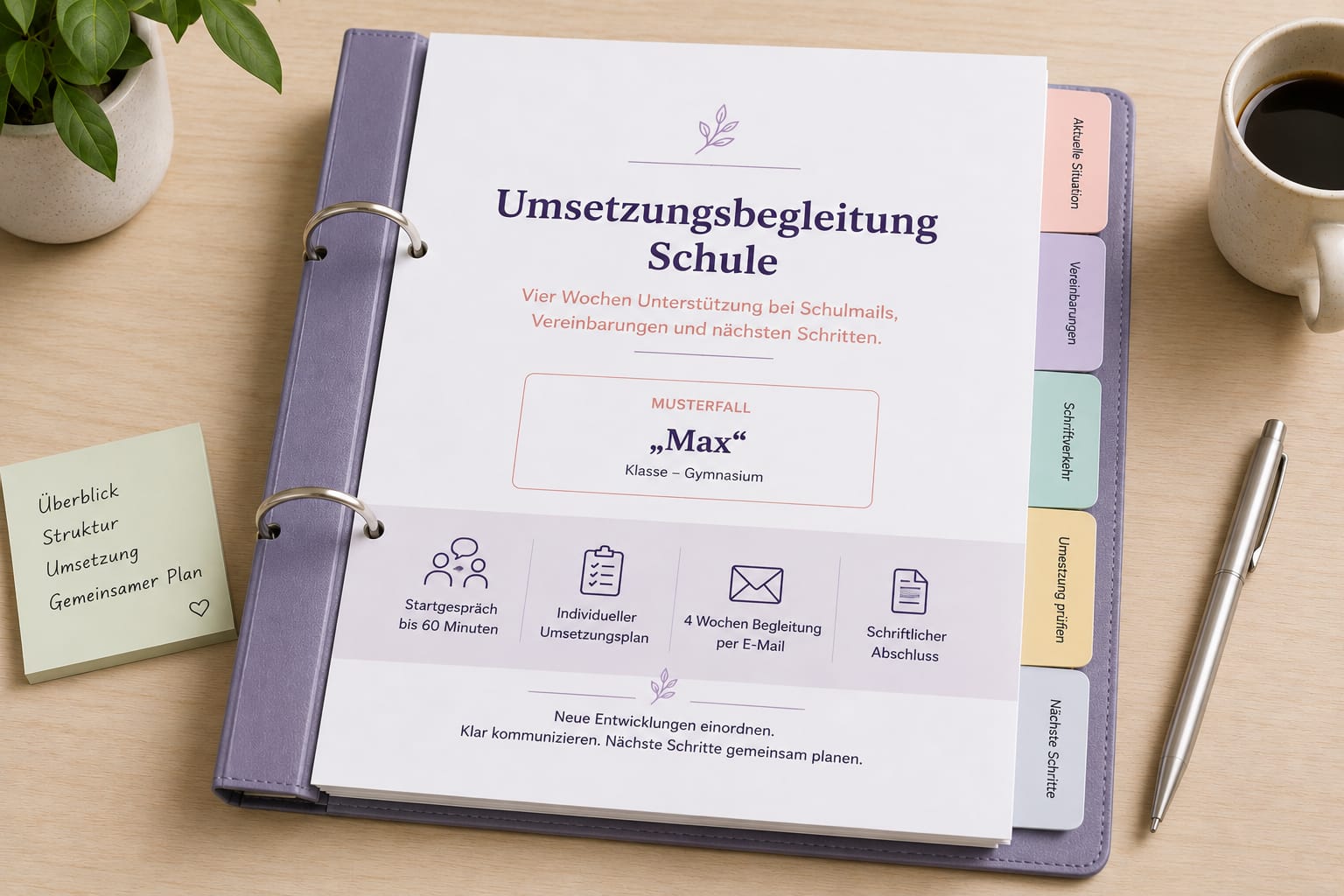 Mappe „Umsetzungsbegleitung Schule“ mit Unterstützung bei Schulmails, Vereinbarungen und nächsten Schritten