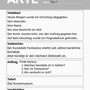 15 Fallakte aus dem LRS-Detektivspiel „Der Fall Fantastico“ mit Tatablauf, Auftrag und Verdächtigen