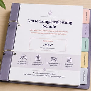 Mappe „Umsetzungsbegleitung Schule“ mit Unterstützung bei Schulmails, Vereinbarungen und nächsten Schritten